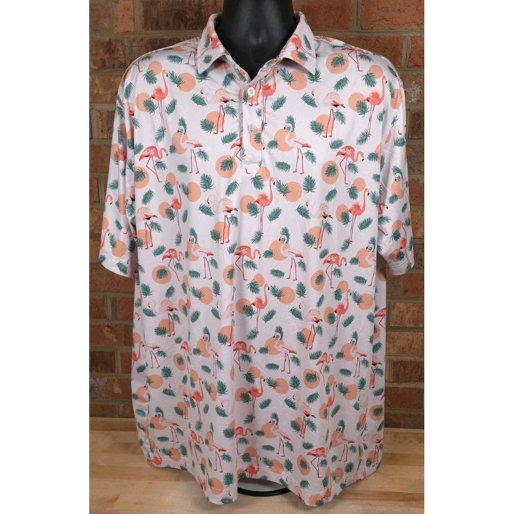 Waggle Golf Polo Mens 2XL White Flamingo Tropical Performance Stretch Shirt